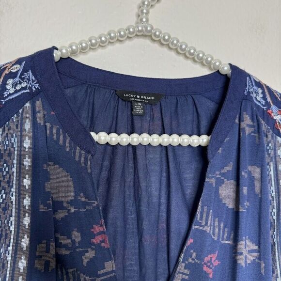 Lucky Brand Top Large Blue Square Stitch Print Embroidered V-Neck Boho Peasant - Picture 3 of 10
